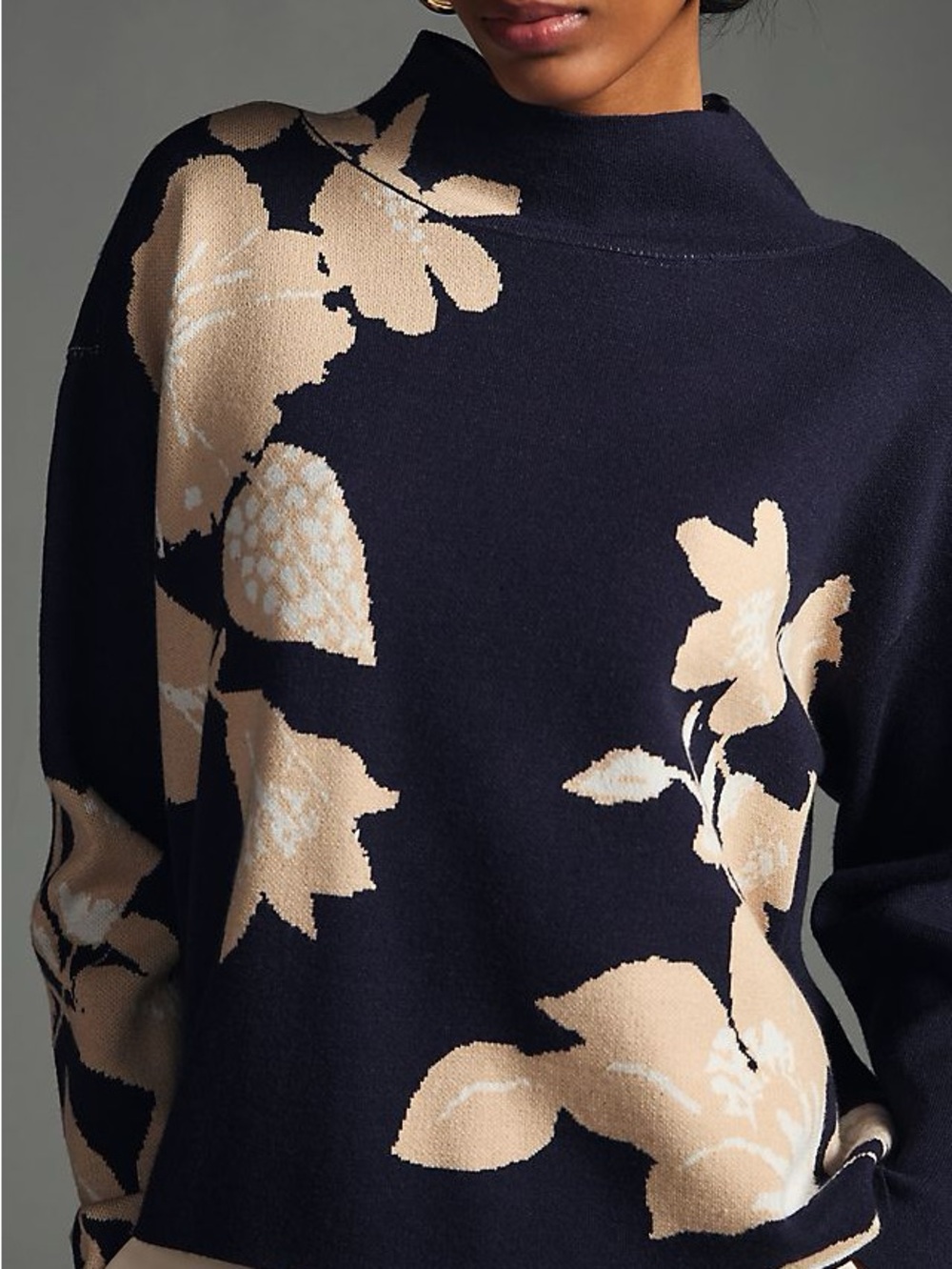 Maeve by Anthropology Navy Sweater with Beige Floral Mock Neck